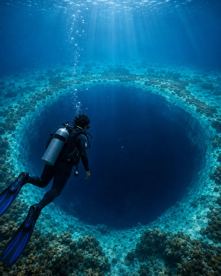 Brown Belizean diver looking toward the dark Blue Hole edge