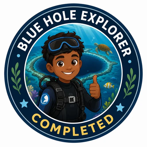 Blue Hole Explorer completion badge with a brown child diver
