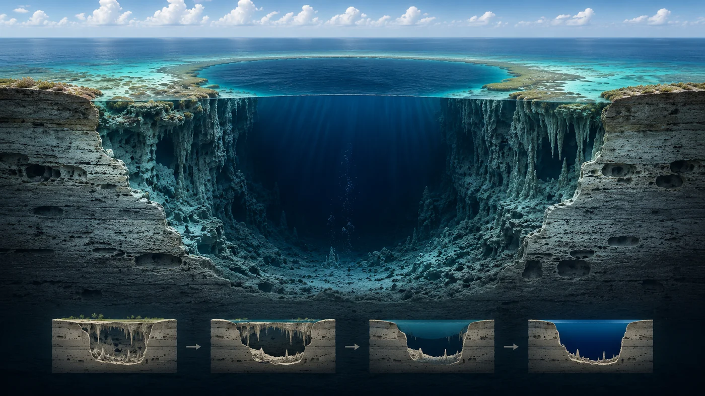 Educational cross-section style visual showing a reef rim, dark marine sinkhole, limestone walls and former cave logic